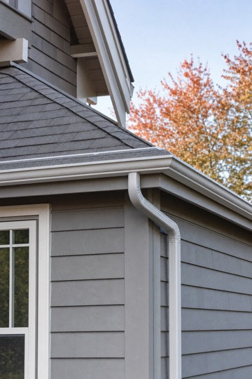 A new gutter run and downspout on a grey craftsman home